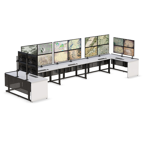Multi-User Command Center U-shaped workstation with up to 20 monitor display mounts
