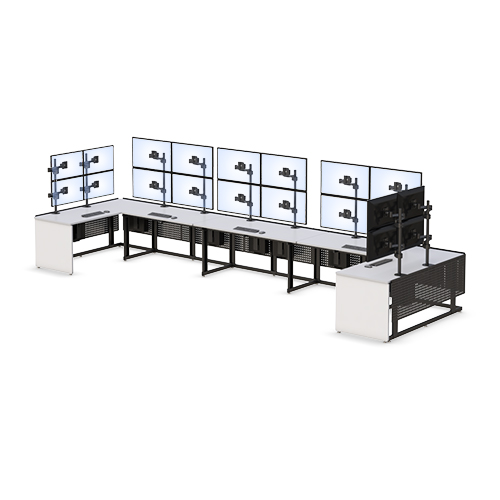 Multi-User Command Center U-shaped workstation with up to 20 monitor display mounts